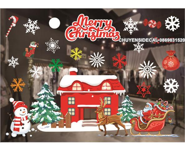[HCM]Decal Trang Trí Noel Hai Mặt Hít Tĩnh Điện Không Dơ Kính- Ngôi Nhà Đỏ Phủ Tuyết Hiện Đại