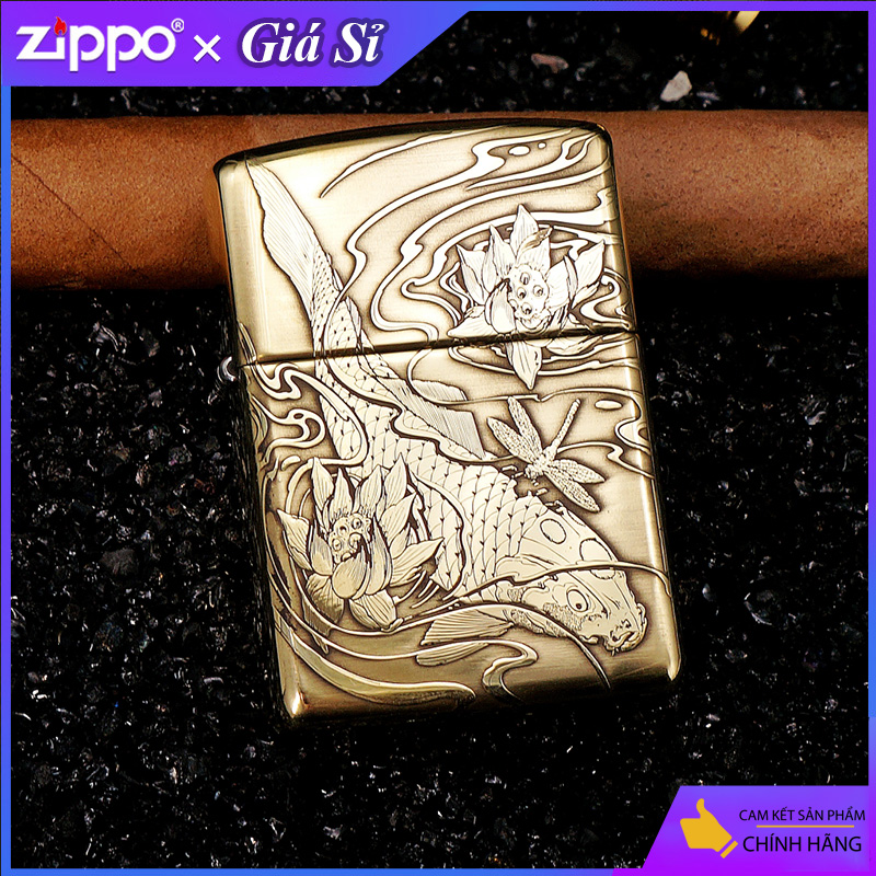 Bật lửa Zippo khắc Cá Chép Vượt Vũ Môn bản tiêu chuẩn màu vàng bóng