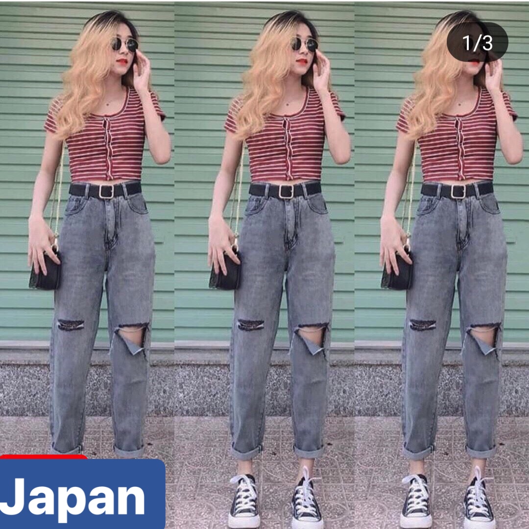 QUẦN JEAN BAGGY NỮ CHẤT BÒ XÁM RÁCH ULZZANG LƯNG CAO NÂNG MÔNG JP-21 JAPAN FASHION