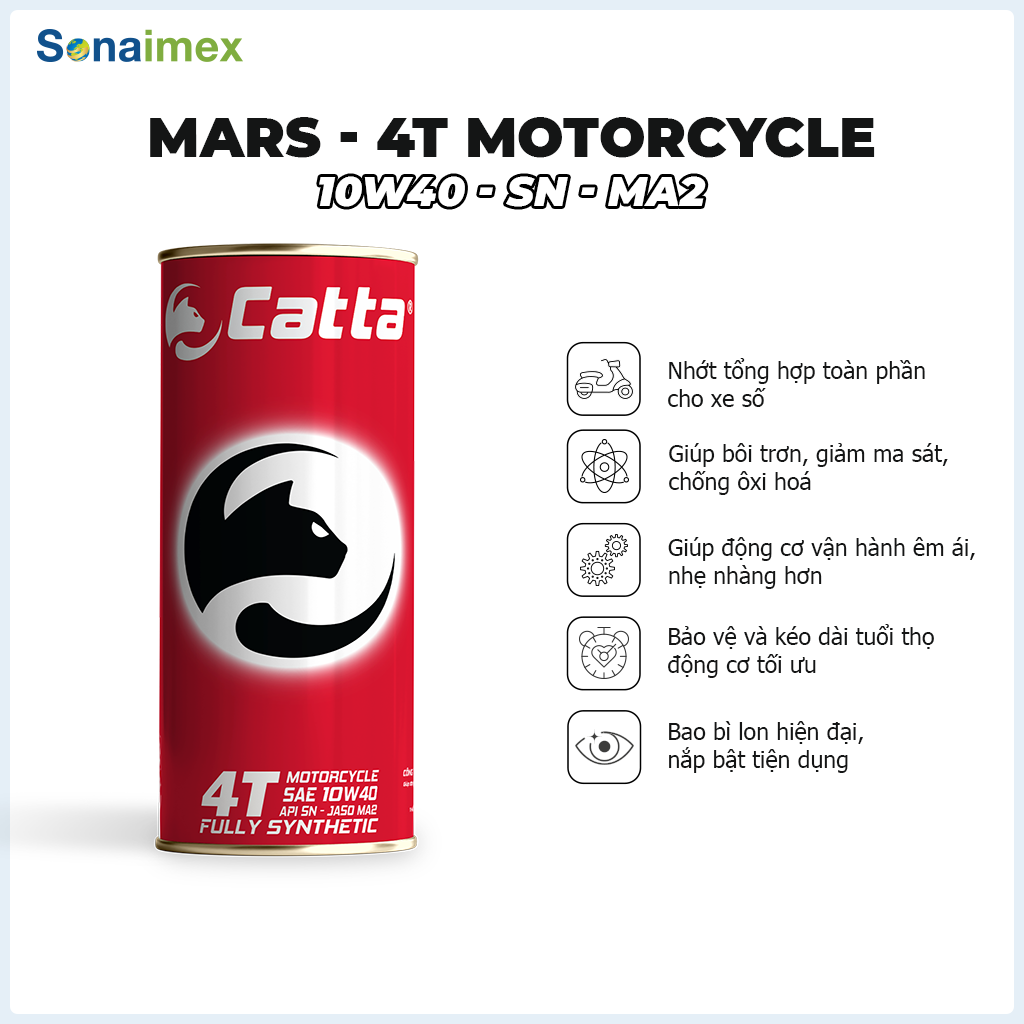 Nhớt tổng hợp toàn phần cho xe số catta mars 4t motorcycle sae 10w40 - api sn - jaso ma2 - 1l