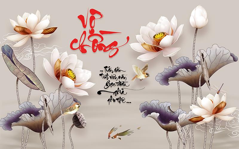 Tranh dán tường VTC Hoa sen thư pháp Vợ Chồng UD0630 kim sa