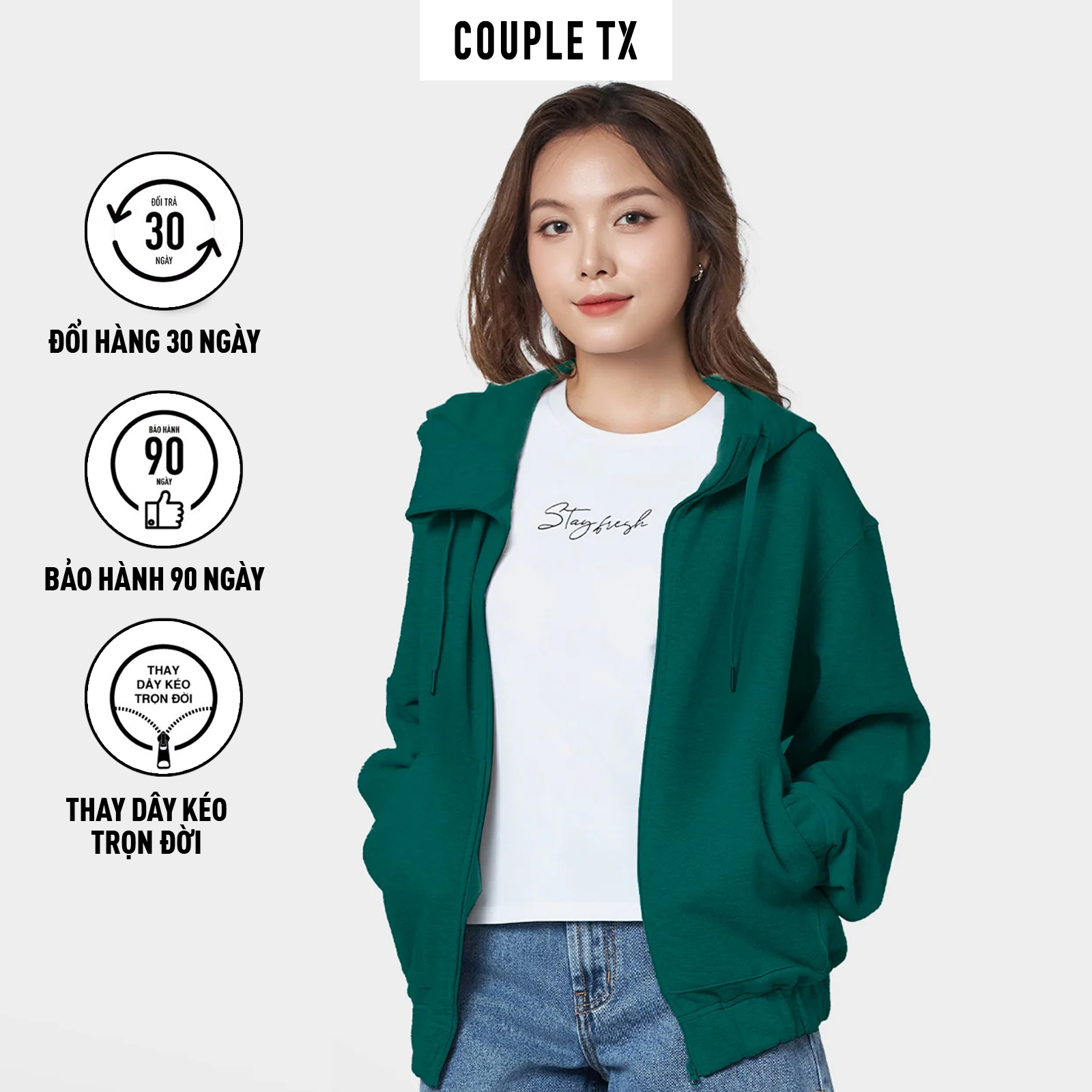 Áo khoác nữ đẹp couple tx - relax bo lai luồn thun có nón wok 2056