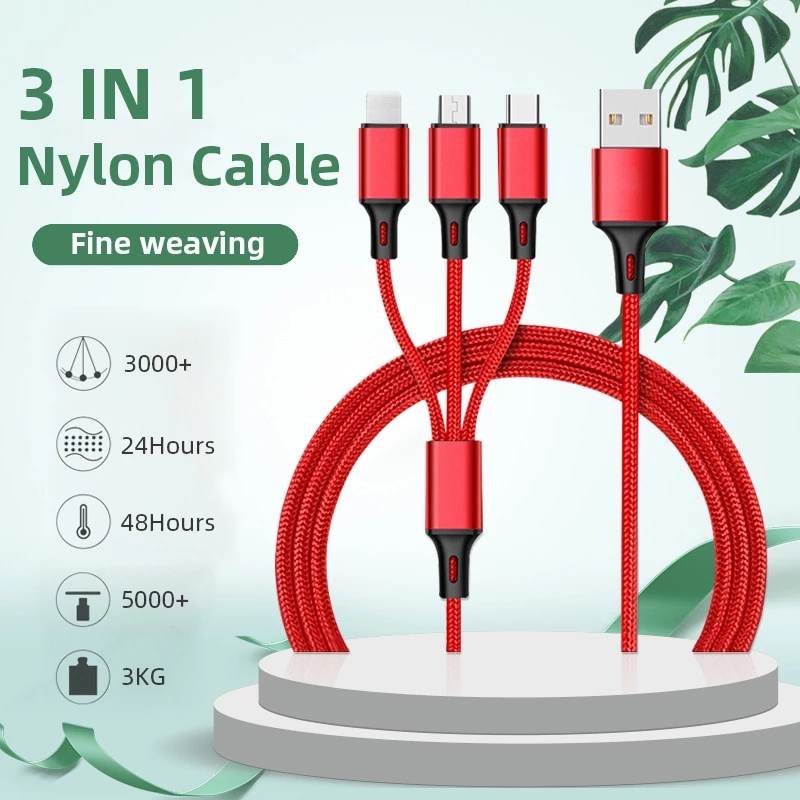 Dây cáp sạc 3 đầu đa năng 2A 3 in 1 bọc dù dài 1m2