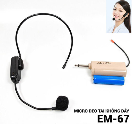 Micro đeo tai em 67 , micro trợ giảng đeo tai không dây pin sạc , micro thuyết trình trợ giảng không dây uhf , đầu thu 6.5mm chuyên dùng cho loa mini-loa kéo-máy trợ giảng.