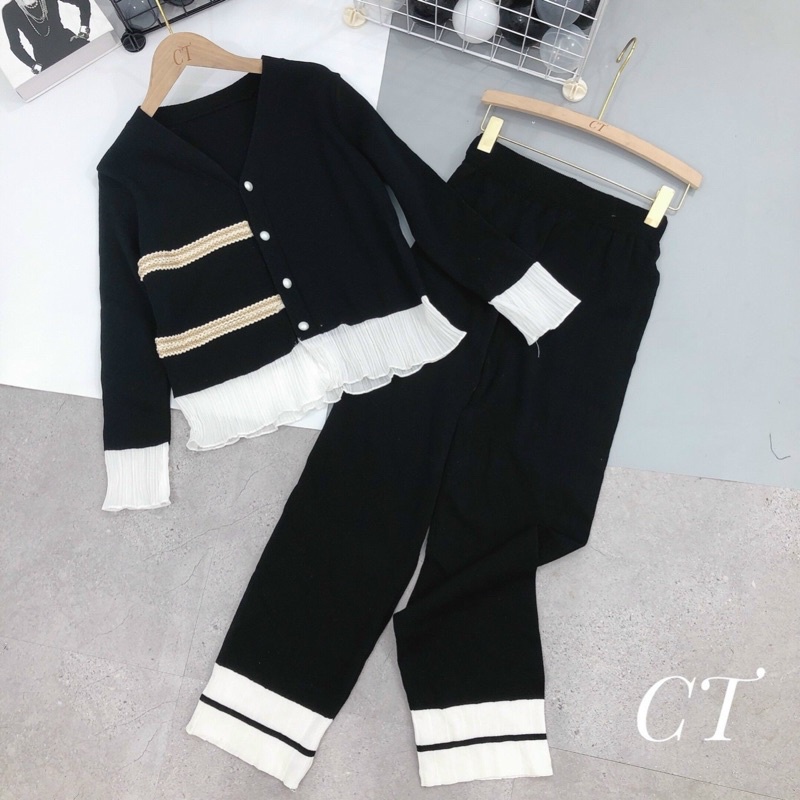 Sét bộ tăm nữ cổ v phối viền bèo hàn quốc ulzzang tiểu thư bánh bèo, sét bộ len tăm mặc nhà nữ, sét bộ ngủ nữ