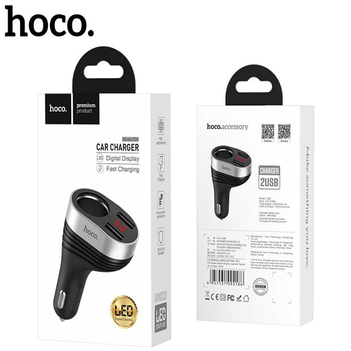 Bộ chia tẩu sạc ô tô, xe hơi nhãn hiệu Hoco Z29 tích hợp 1 cổng tẩu và hai cổng USB, dòng ra 3.1A Max (Màu đen)