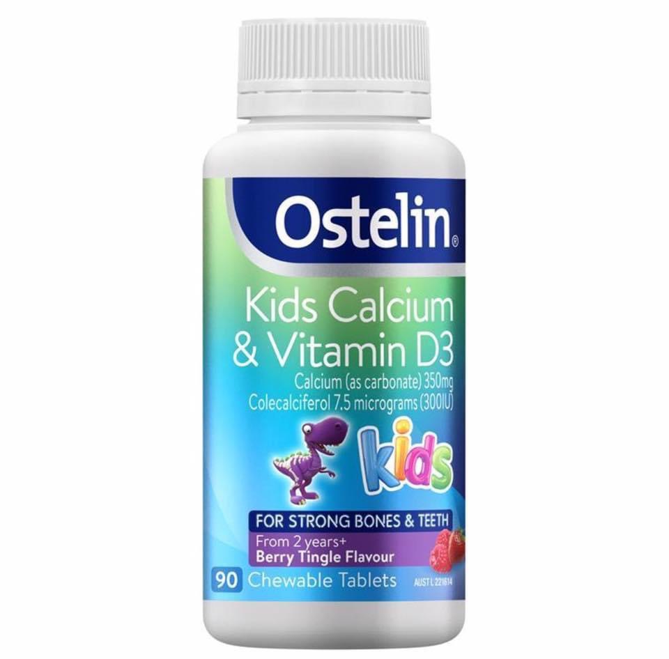 Kẹo nhai bổ sung canxi va d3 Ostelin Kids Calcium & Vitamin D3 90 Tables phát triển chiều cao vị dâu
