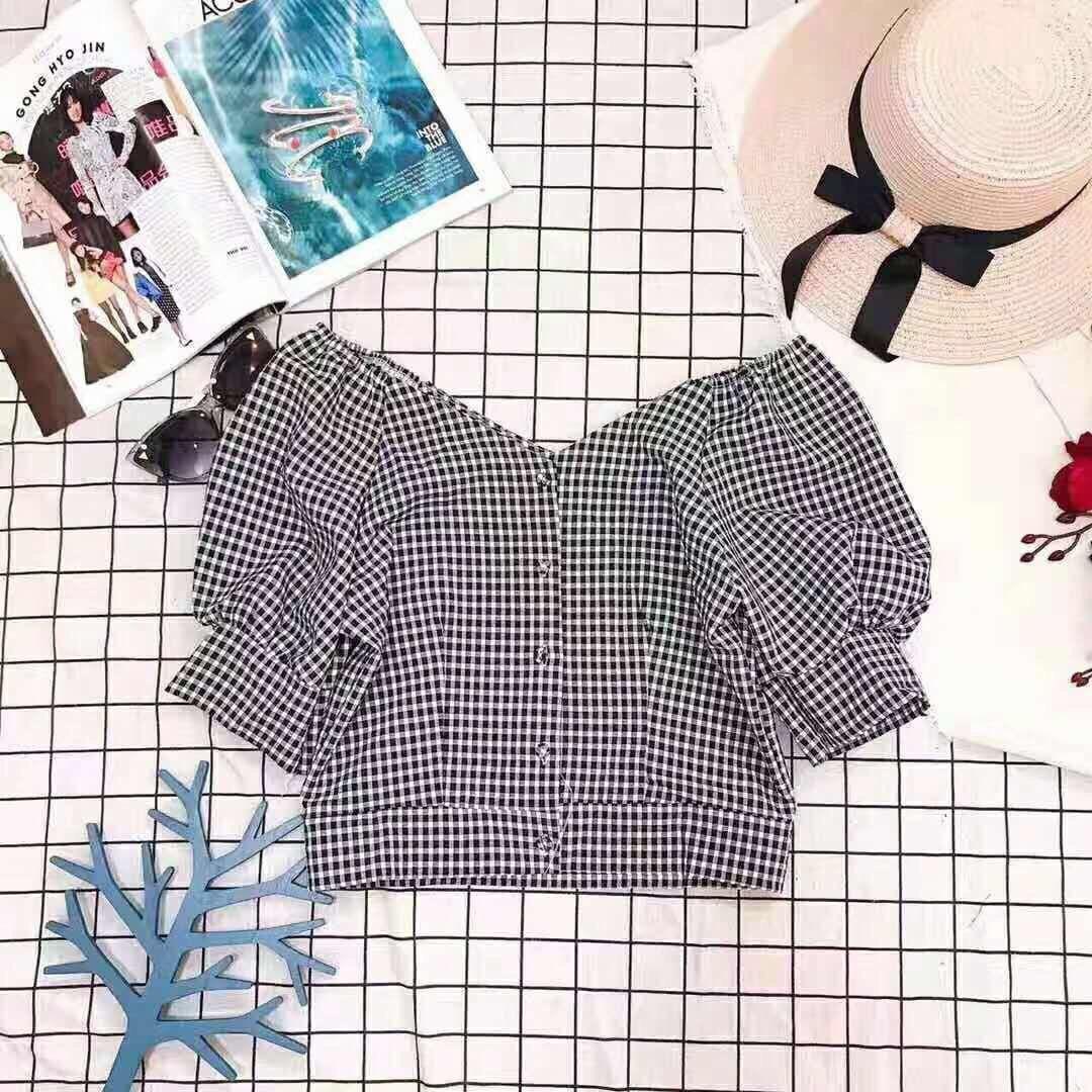 Áo Kiểu Sơmi Caro Hở Vai Phối Tay Phồng Hàn Quốc TTS0378