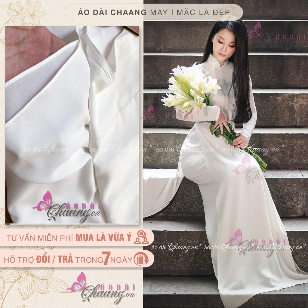 Áo dài truyền thống may sẵn - Áo dài trắng cổ sen cao tay dài đẹp - Vải áo dài 4 tà lụa tằm cao cấp
