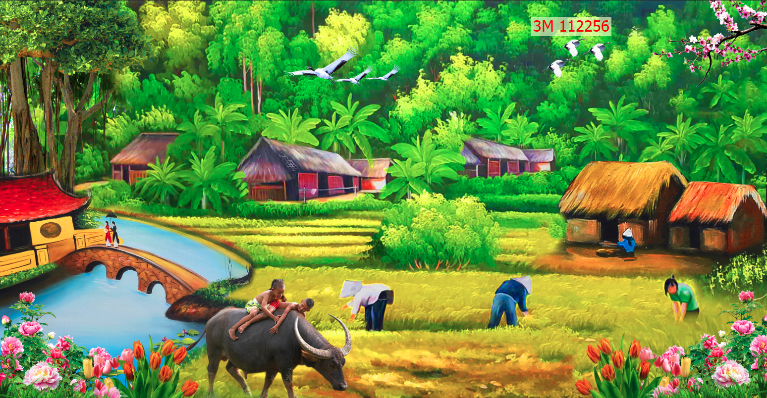 Decal dán tường - Tranh dán tường 3D phủ kim sa Phong cảnh Đồng quê