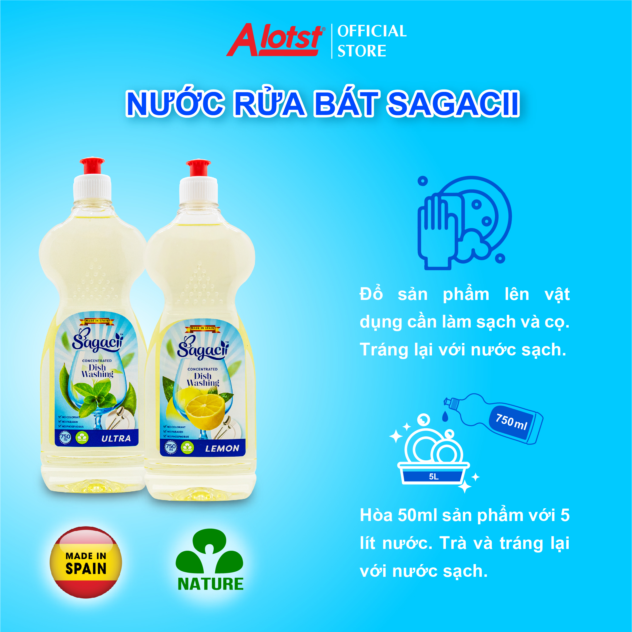 Nước rửa chén bát đậm đặc Sagacii 750ml Lemon made in Spain