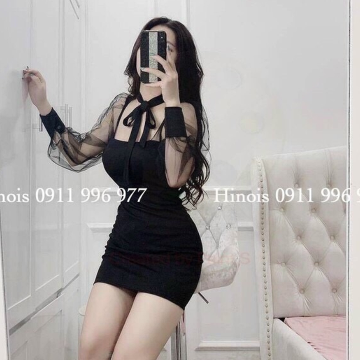 Váy đầm ôm boby thắt nơ phối voan lưới