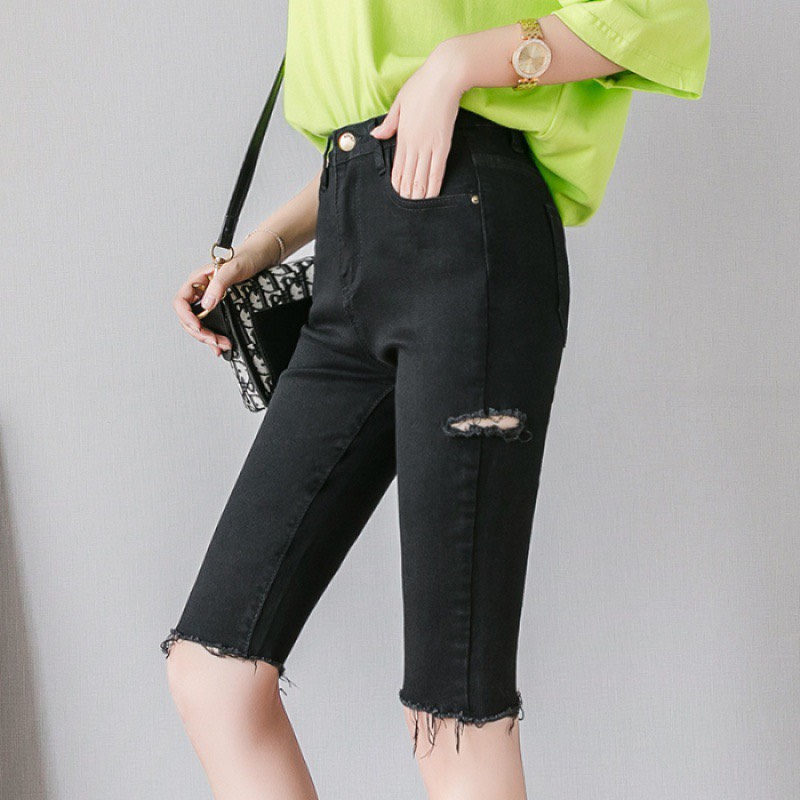 [HCM][65kg~95kg] Quần jean ngố / lửng BIG SIZE lưng cao co dãn mạnh đẹp màu đen 3225 - MoliJeans