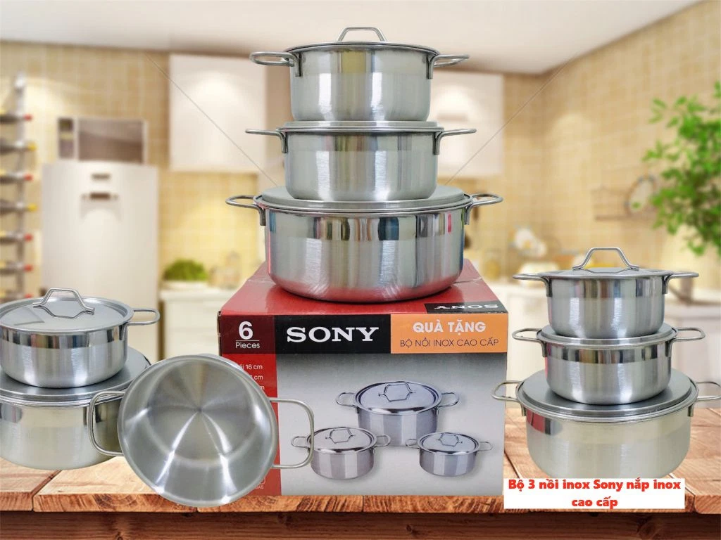 Bộ 3 Nồi Nắp Inox SONY Cao Cấp Dùng Mọi Loại Bếp