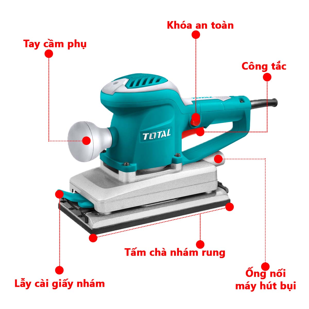 Máy chà nhám rung đa năng cầm tay TOTAL 240W-1200W 220V, chà nhám vuông, tròn, chữ nhật, nhám băng tốc độ cao chính hãng kèm phụ kiện