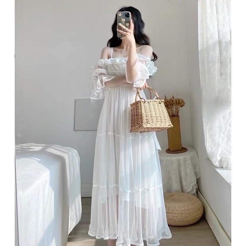 Đầm váy voan trắng tiểu thư 2 dây