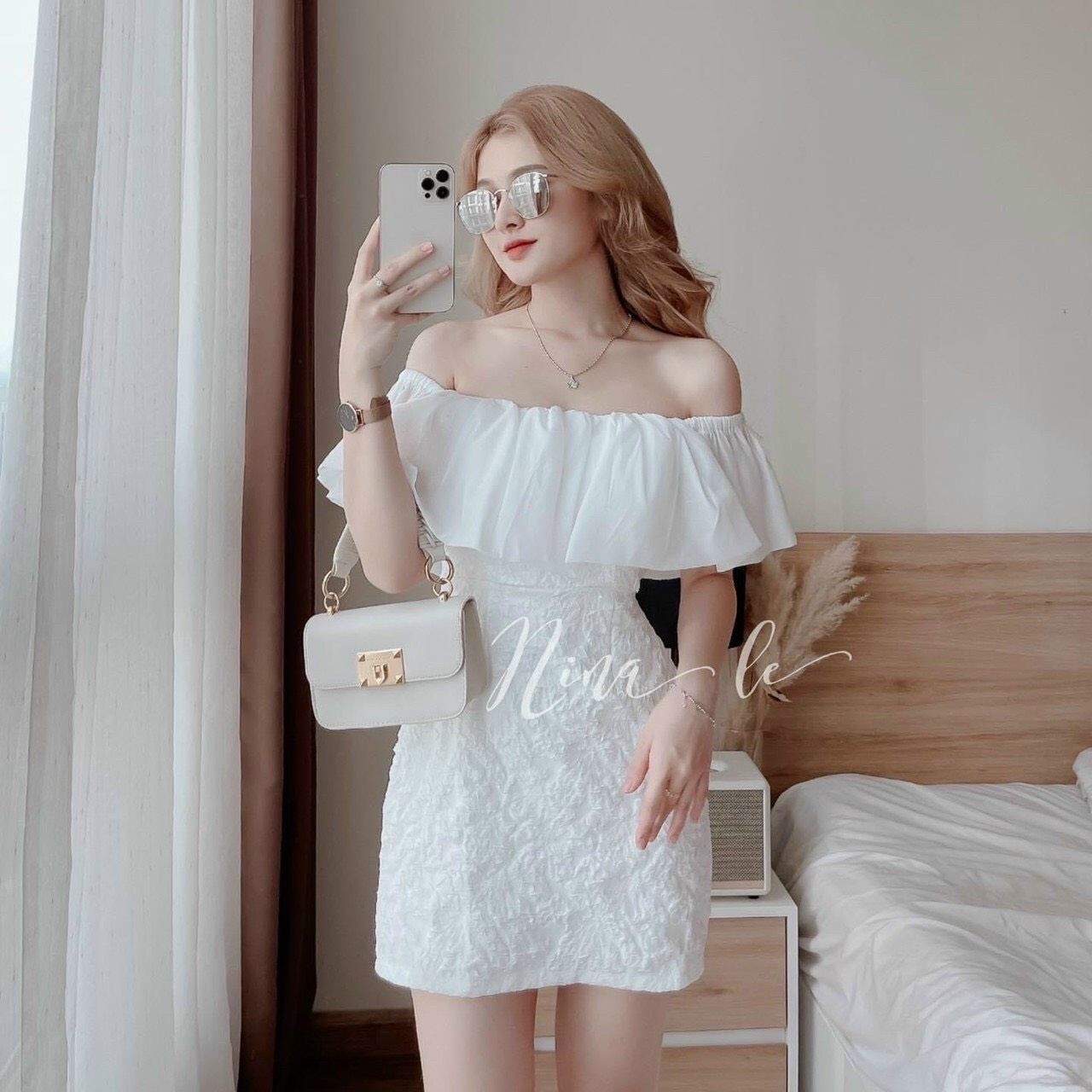 HOÀN TIỀN MAX - Đầm thời trang nữ mặc đi dự tiệc, Đầm trắng chất xốp trễ vai phối voan tơ bèo có lót trong kèm mút ngực váy chữ A suông