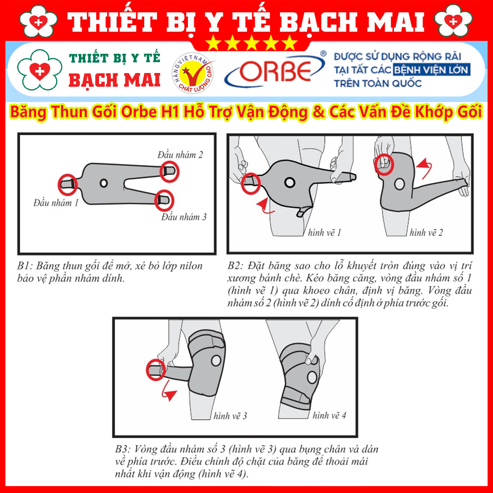 Đai Bó Đầu Gối Orbe, Băng Thun Gối Orbe H1, Đai Bảo Vệ Khớp Gối Vận Động Thể Thao, Chấn Thương