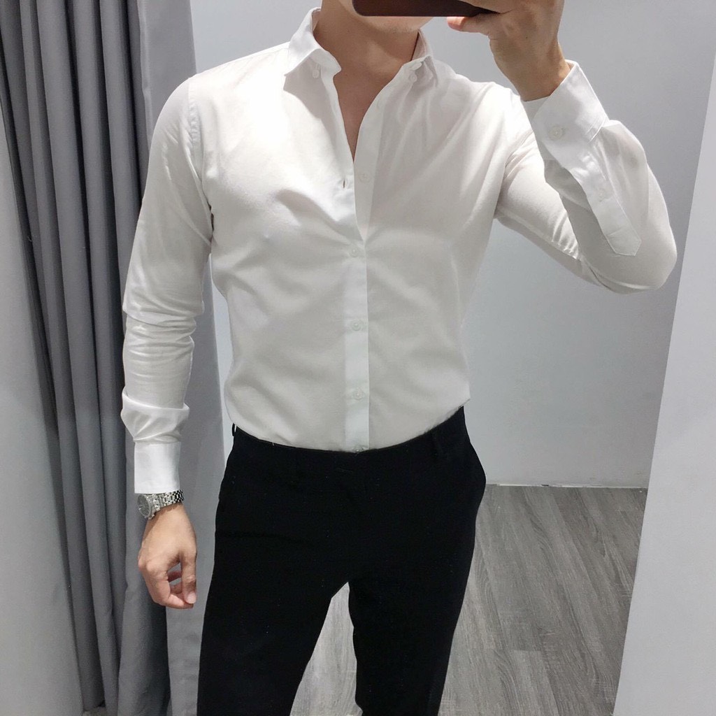 Áo sơ mi trắng nam dài tay vải lụa cotton