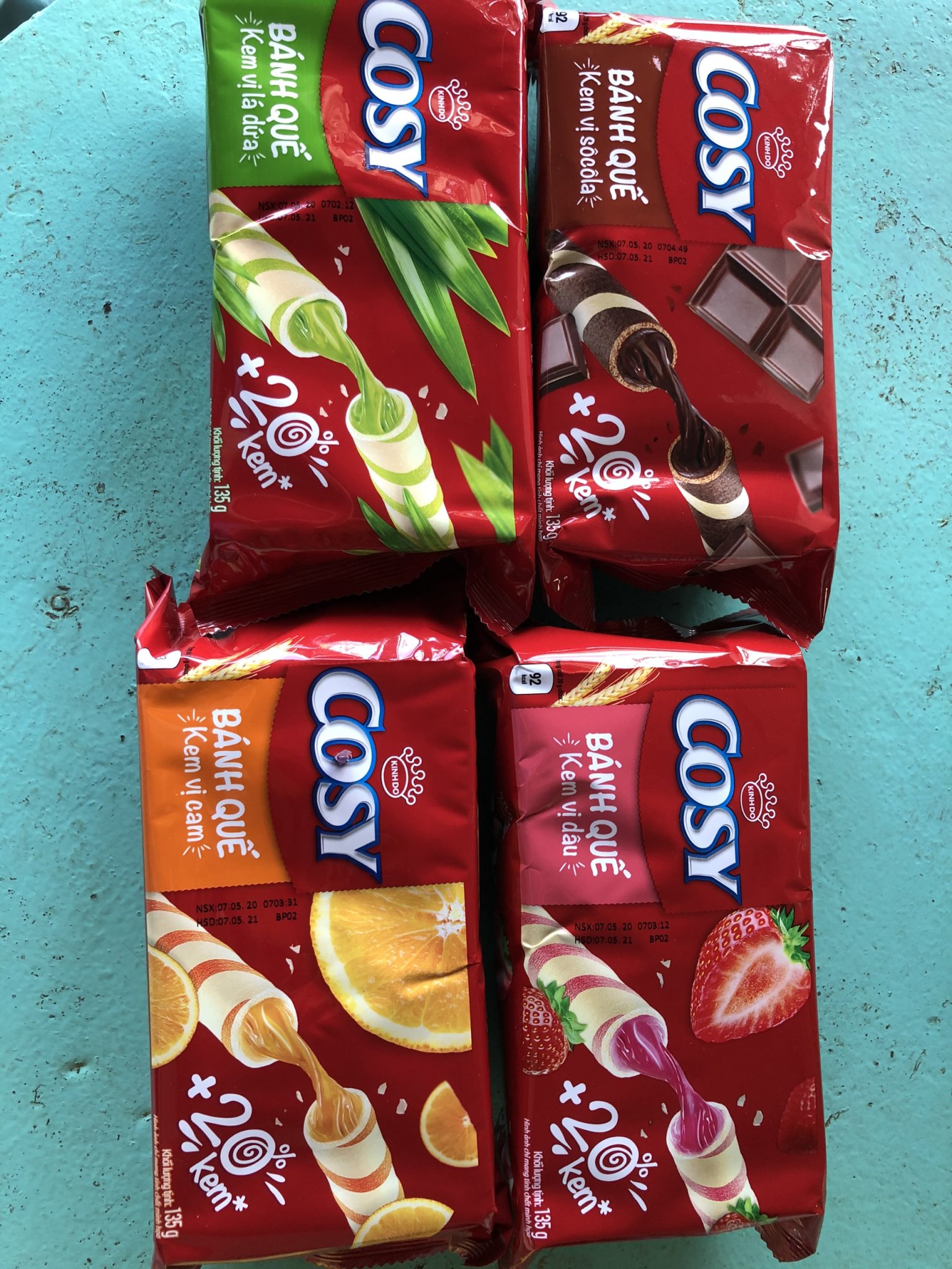 Bánh Quế Cosy Đủ Vị 135g (socola, lá dứa, dâu, cam)