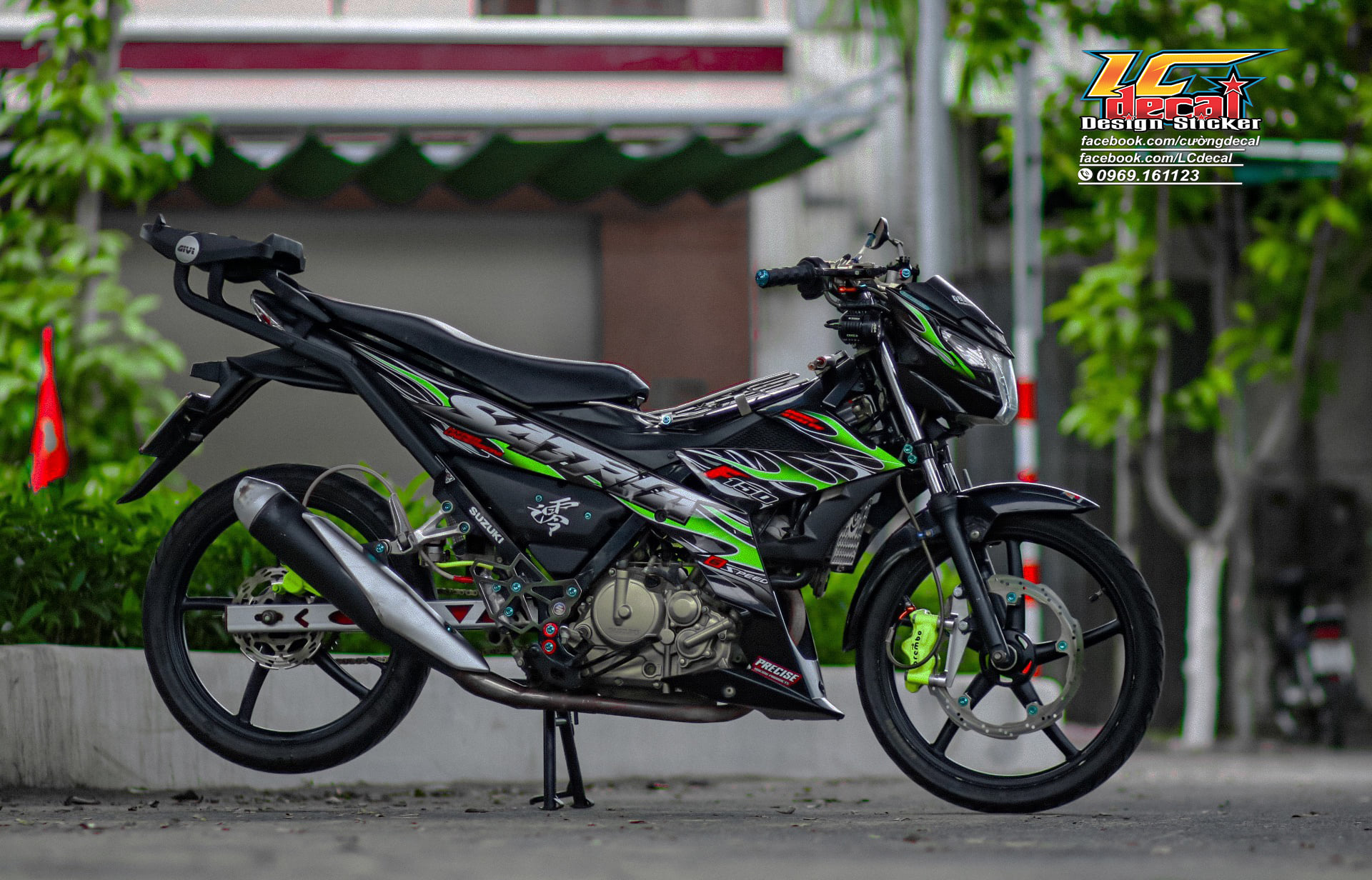 Tem rời dán xe satria fi - raider fi mẫu lửa xanh lá đen chữ satria f150 độc đáo, hàng 3 lớp chất lượng cao