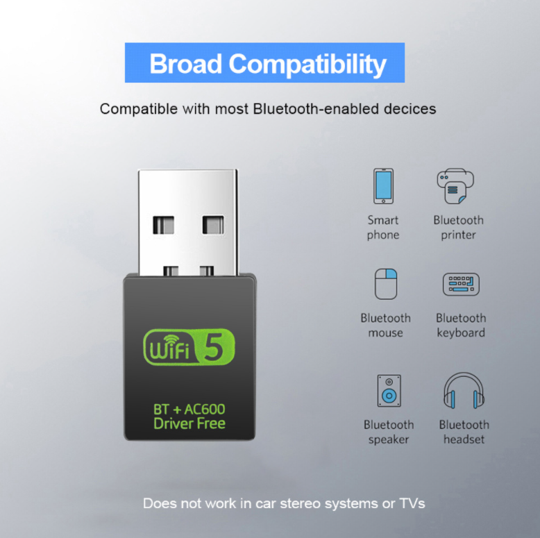 Thiết bị kết nối, USB thu WiFi + BLUETOOTH 600Mbps, có 5G, dùng cho PC máy bàn laptop, nhỏ gọn, không dây có driver sẵn cho win 10 11