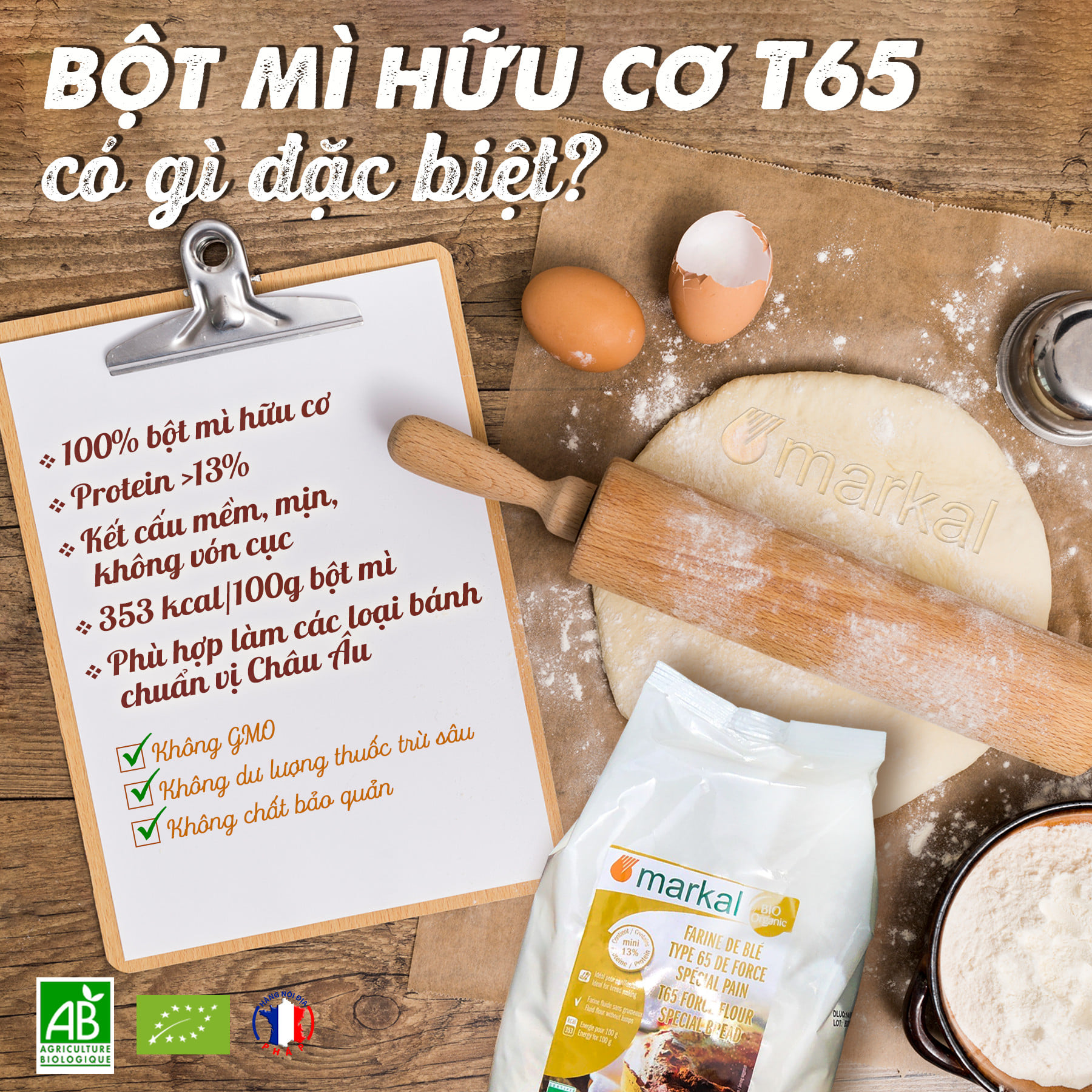 Bột mì hữu cơ T65 Markal 1kg (Protein  13%)