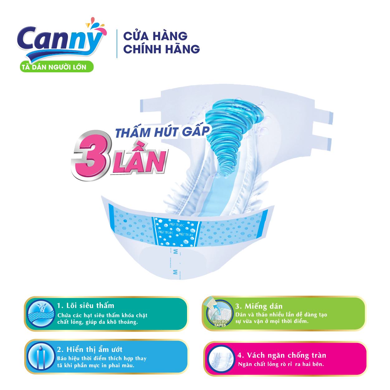 Tã Dán Người Lớn Canny Siêu Mềm, Siêu Thấm, Kháng Khuẩn Size M/L/XL (10 Miếng)