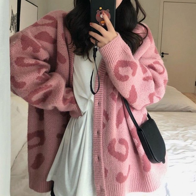 Áo khoác len cardigan họa tiết da báo hồng xinh xắn bánh bèo form rộng NHẬT LINH - A120
