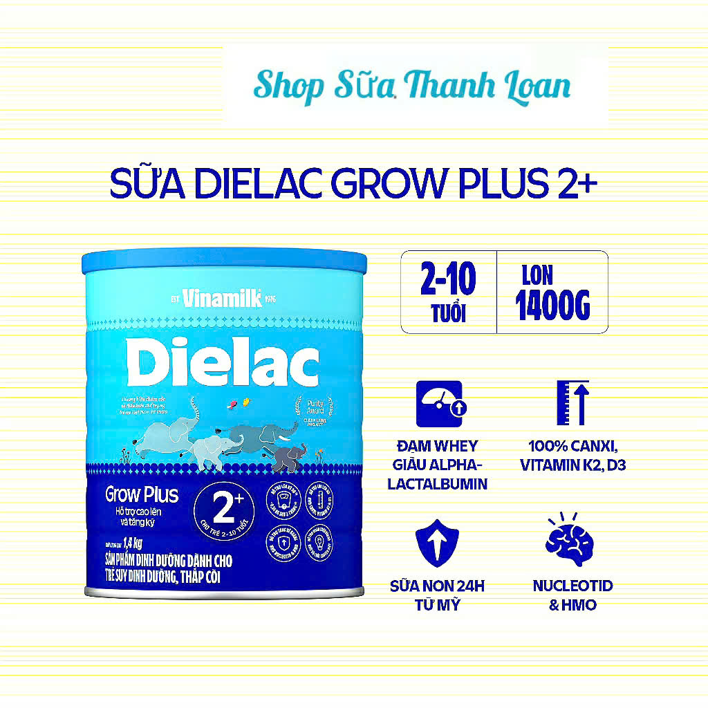 (Mẫu Mới) Sữa Bột Vinamilk Dielac Grow Plus 2+ Hộp 1400g.
