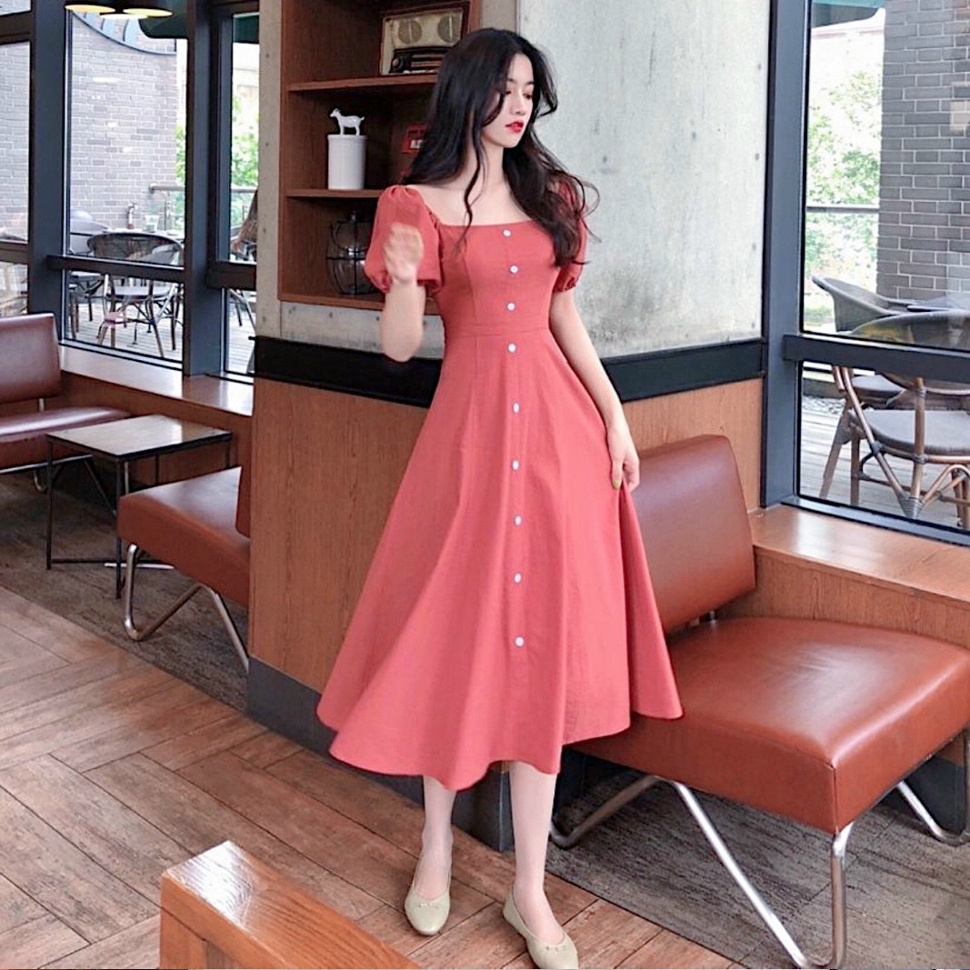 Đầm hồng ruốc tay bo form dài
