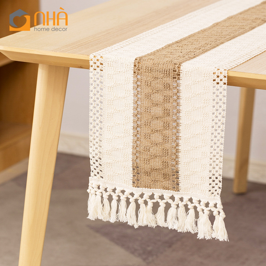 Khăn Trải Bàn Table Runner Tua Rua Trang Trí Bàn Ăn