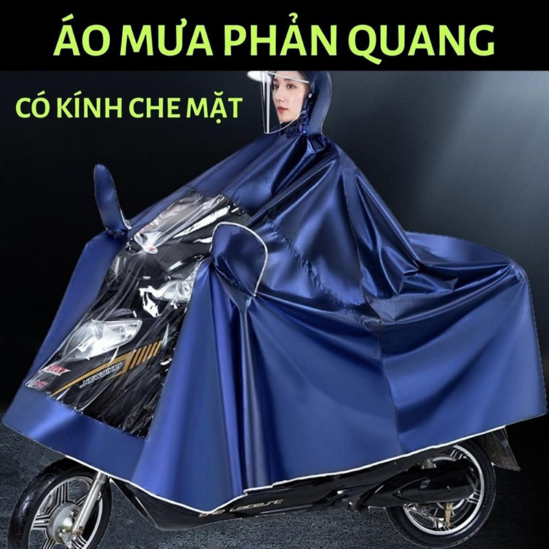 Áo mưa phản quang đi xe máy vải dù, áo mưa phản quang có kính che mặt 1 đầu 1 người chống thấm cao cấp