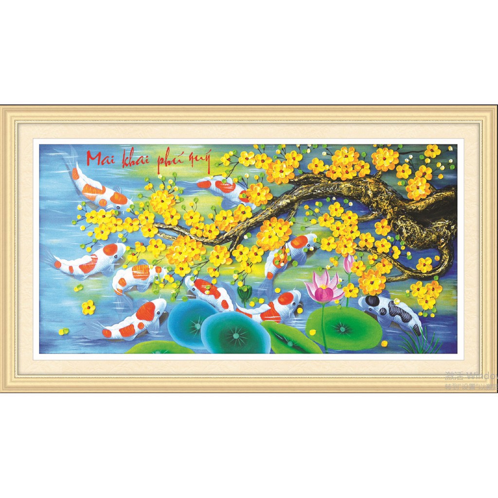 Tranh Đính Đá CÁ MAI KHAI PHÚ QUÝ (ĐÁ ABC CAO CẤP). Kích Thước: 1m5 x 70cm