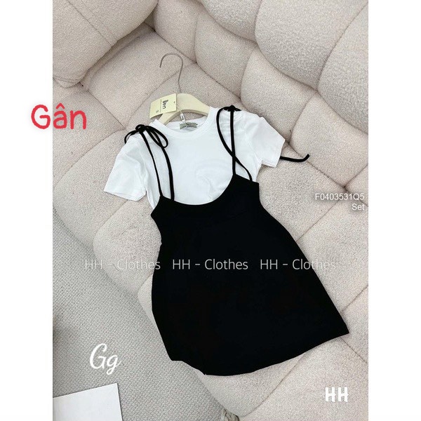 set đầm yếm cột vai xòe xinh chất thun gân mềm mịn