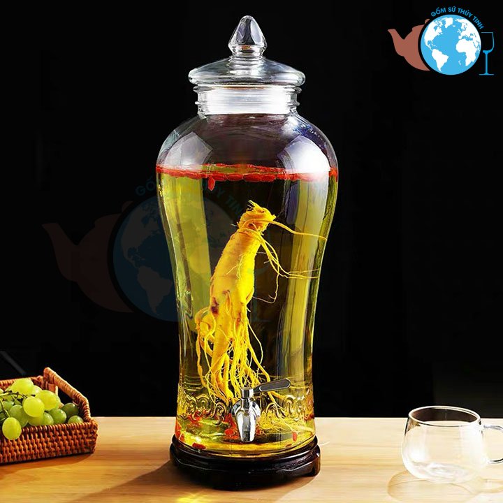 Bình ngâm sâm CAO LY chuẩn 8 lít CÓ VÒI, bình ngâm rượu thủy tinh trơn dáng chuẩn 8 lít, bình ngâm kiểu dáng đẹp có vòi chiết rót - thiết kế vanxi cao cấp, bình sâm không bị bay mùi, sang trọng