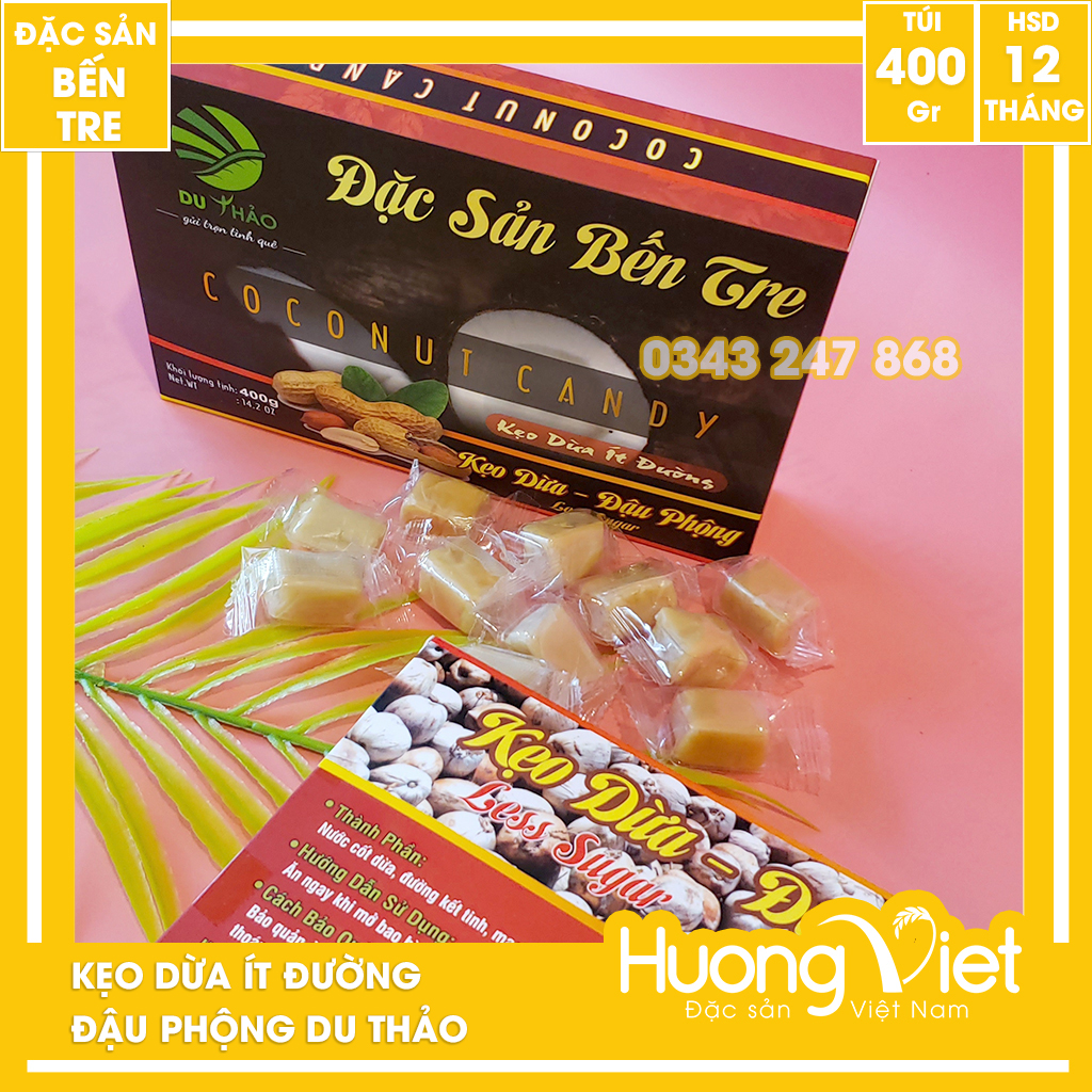 Kẹo dừa đậu phộng ít đường Du Thảo 400gr