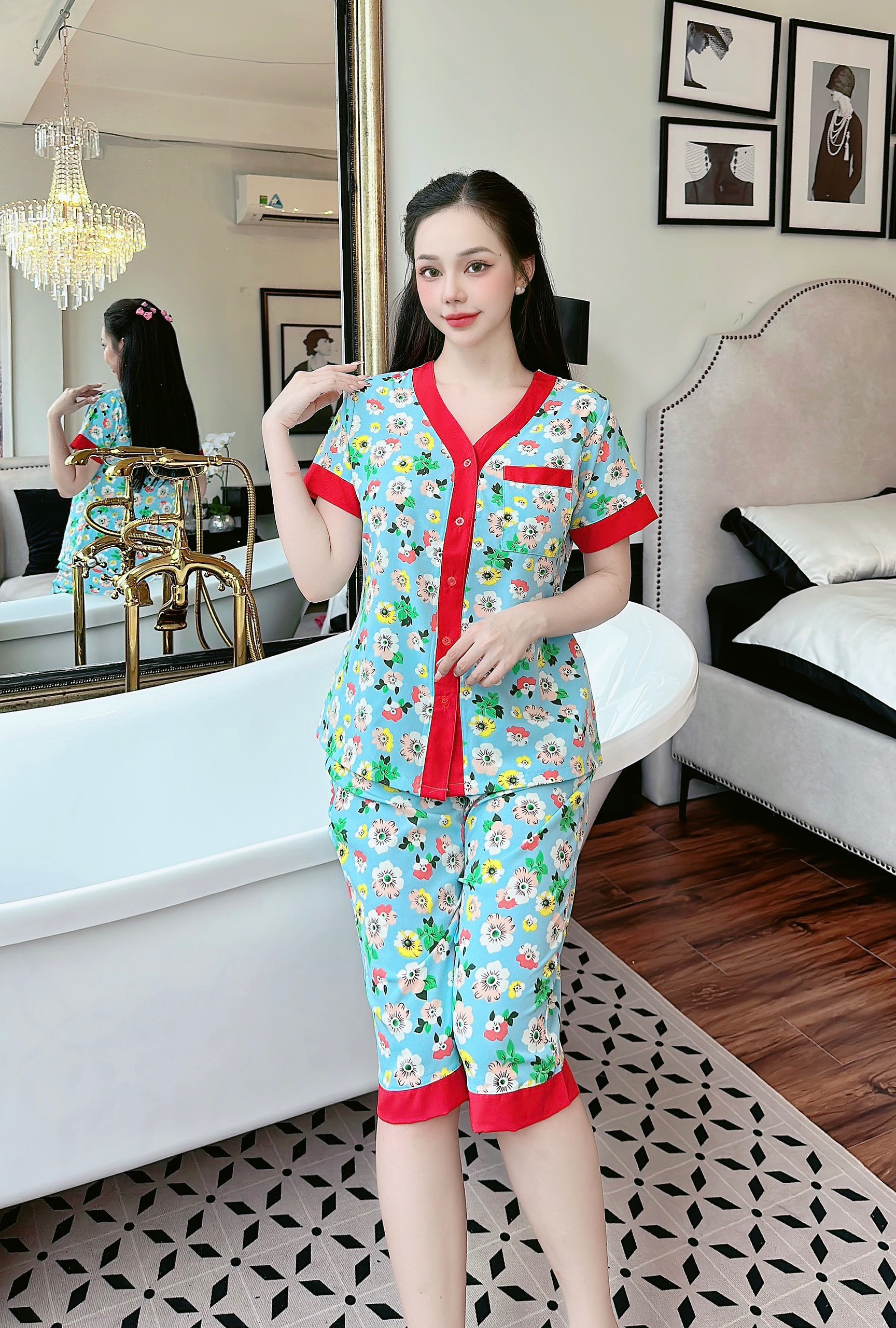 [3 size 46-62KG] Đồ bộ LỤA PIJAMA HOA LÁ MỀM MÁT DỄ THƯƠNG thời trang