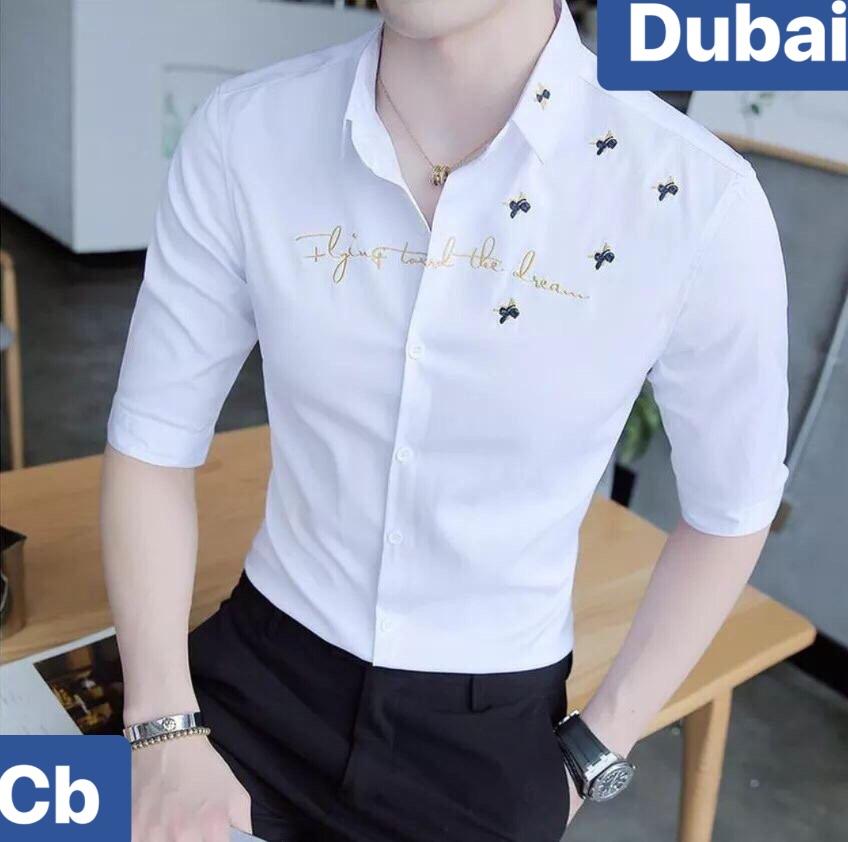 ÁO SƠ MI LỤA NAM TRẮNG ĐEN CHỐNG NHĂN CHỮ NGANG NGỰC CAO CẤP - DUBAI FASHION