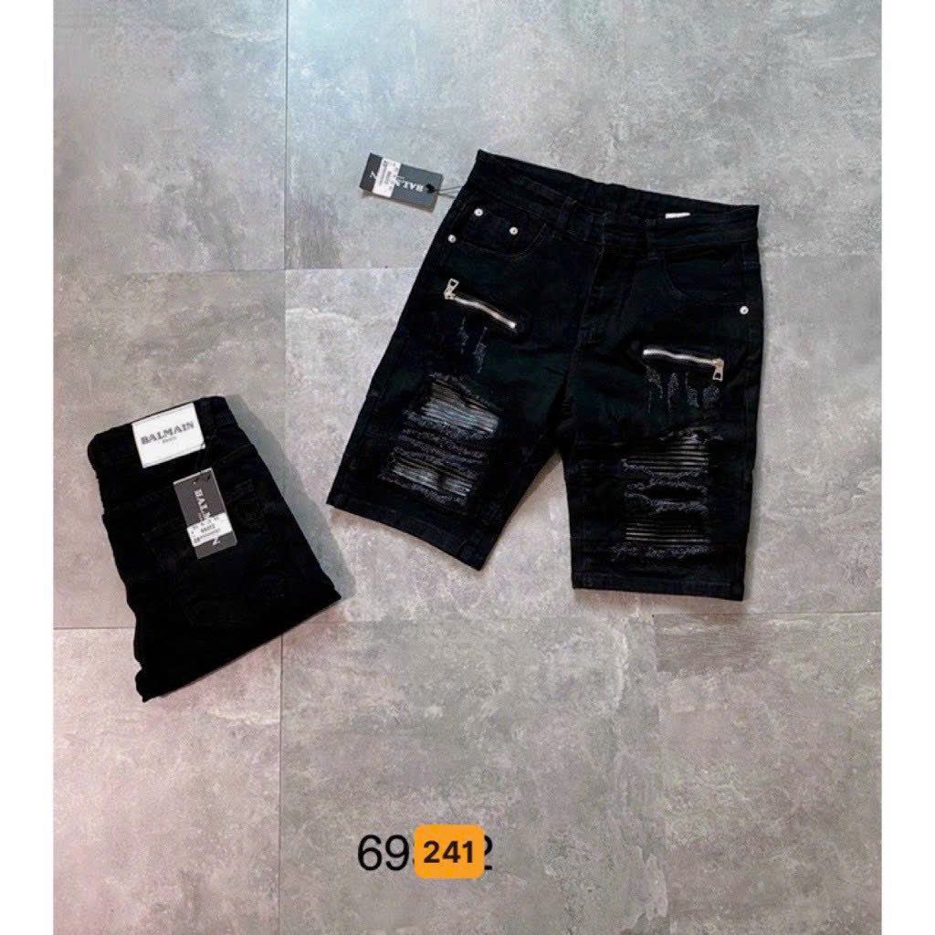 Quần short jean nam vá da khóa kéo đen rách vải dày chuẩn đẹp chất lượng