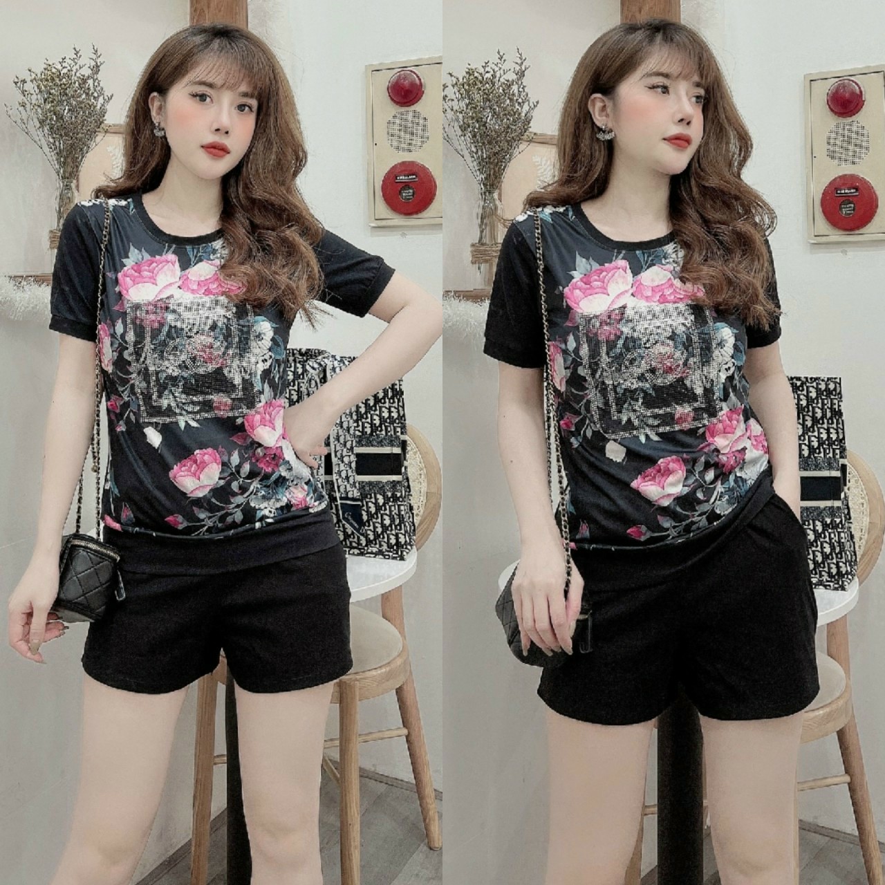 Đồ bộ thun cotton đùi nữ đính đá in hoa 3D (màu đen)