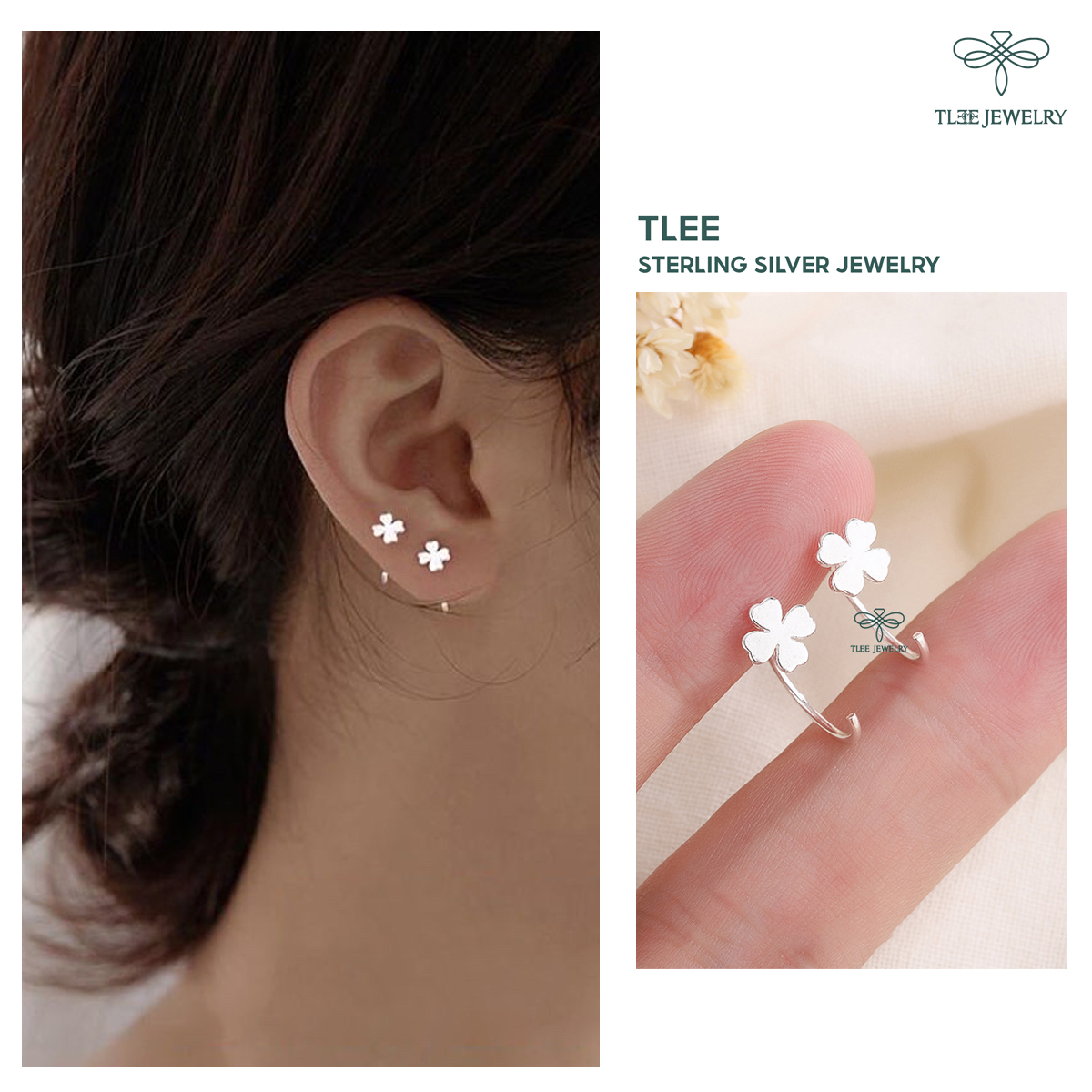 Khuyên tai bạc nữ TLEE móc cỏ bốn lá trơn basic TleeJewelry B0257