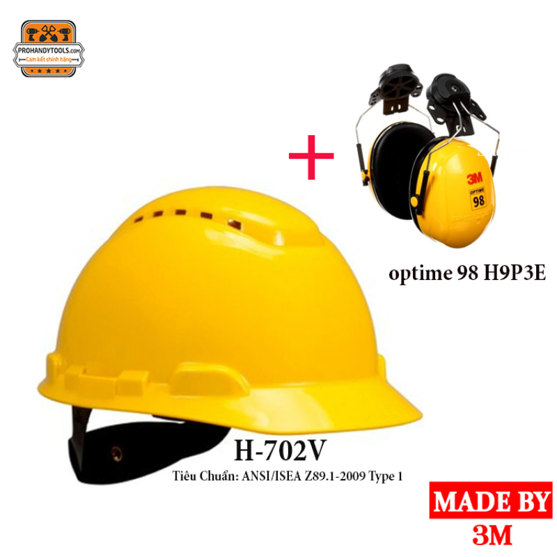 Mũ Bảo Hộ 3M H-702V Màu Vàng Có Lỗ Thông Khí, Giảm Chấn Dạng Nút Vặn 4 Điểm Nối Bao Gồm Tai Chụp