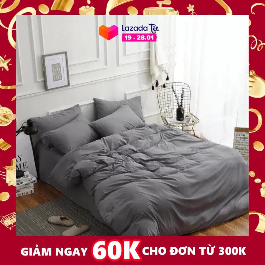 Bộ chăn ga gối Basic ghi + ruột chăn + ruột gối + ruột ôm + vỏ gối ôm