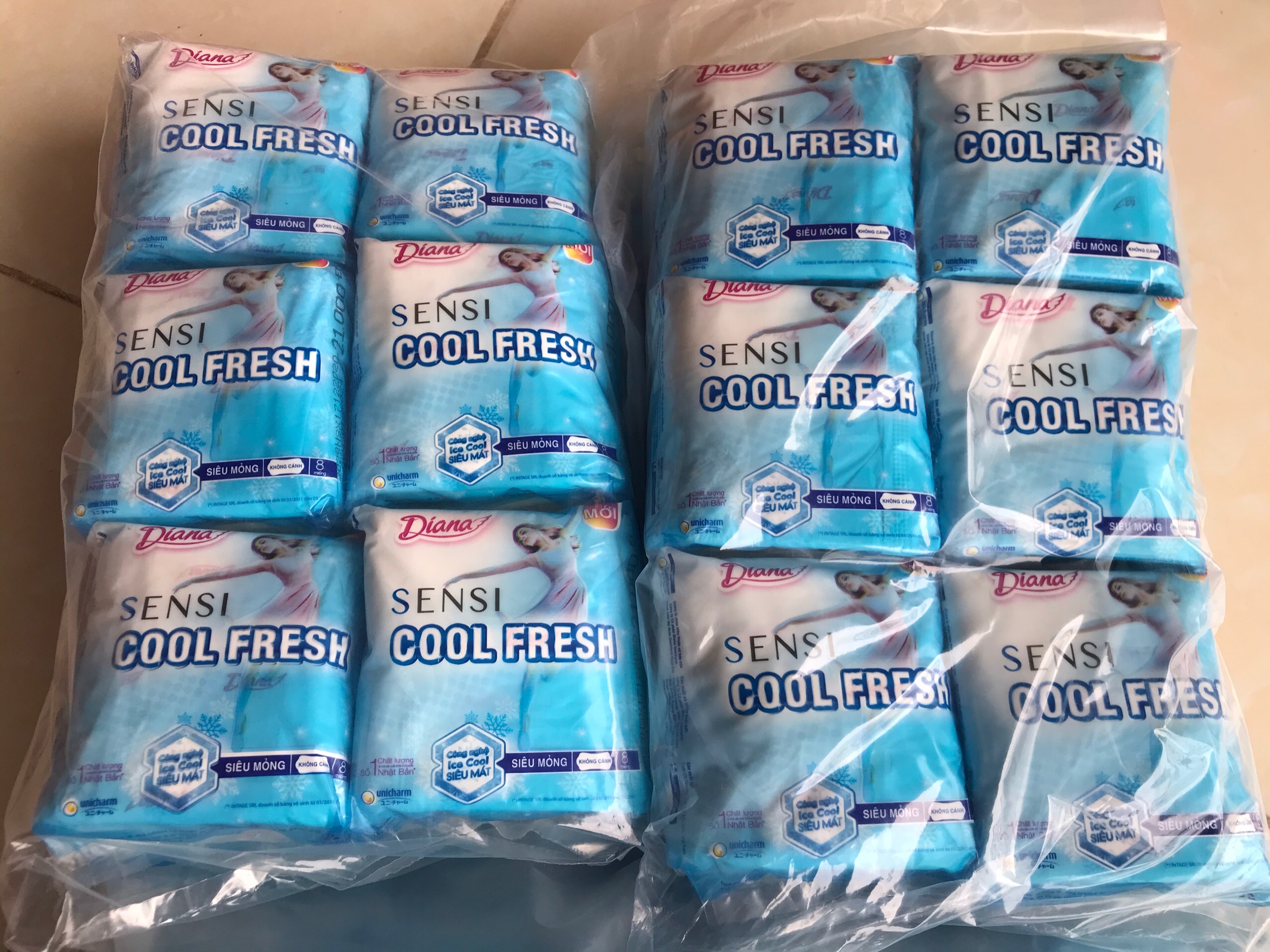 Combo 6 gói băng vệ sinh Diana Sensi Cool Fresh dài 23 cm không cánh, băng vệ sinh diana cool fresh