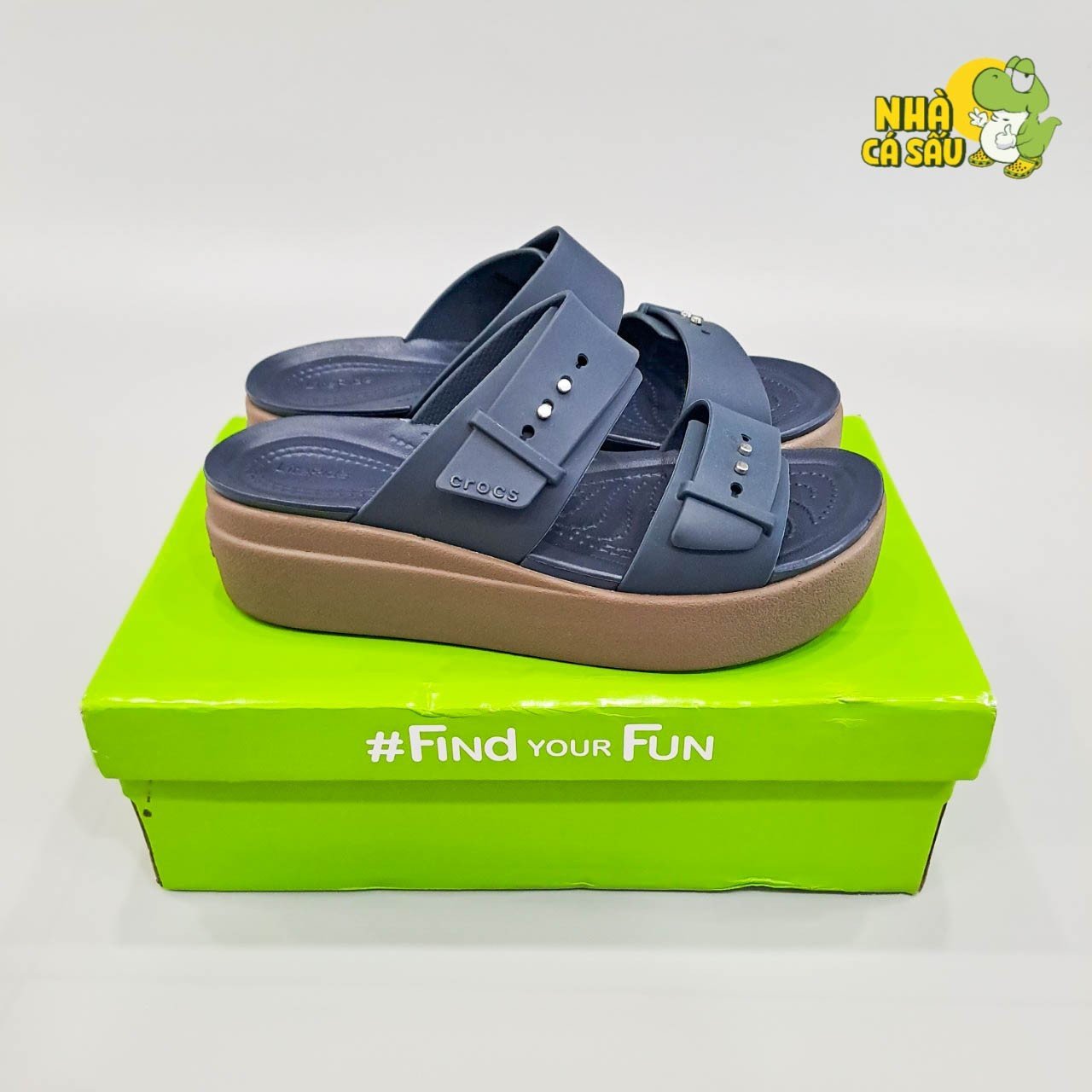 (Real photo) sandals Crocs Đế high 5 stool Brooklyn mid wedge version 2 multi-color, sandals horizontal straps buttoned Brooklyn-CR