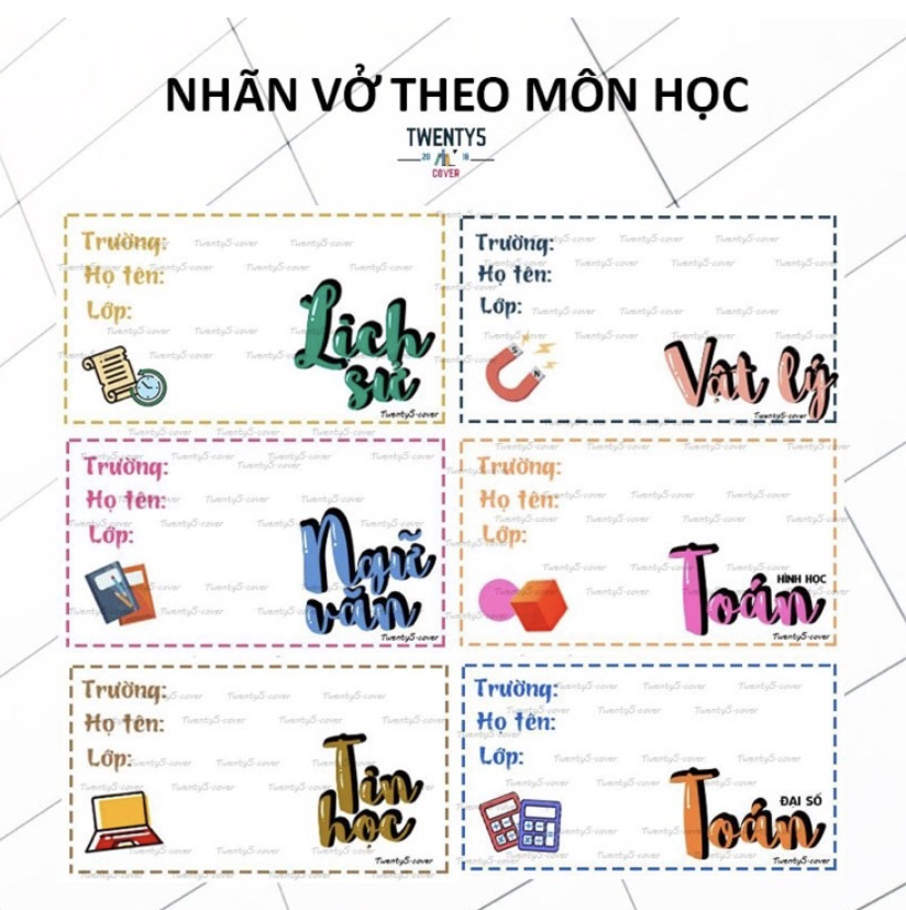 Set nhãn vở theo môn mẫu số 01