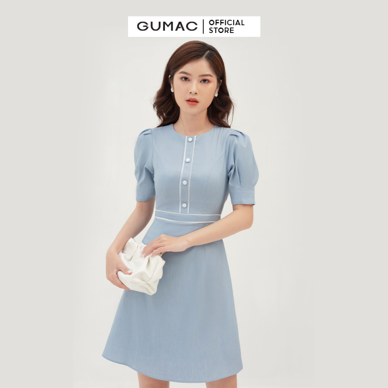 Nơi bán Váy đầm nữ đẹp cách điệu cổ tròn phối viền nẹp eo tôn dáng tay phồng trre trung thời trang GUMAC mẫu mới DB394 chất liệu Cotton Thái Mịn cao cấp mềm mát thoải mái+ hỗ trợ đổi hàng 7 ngày