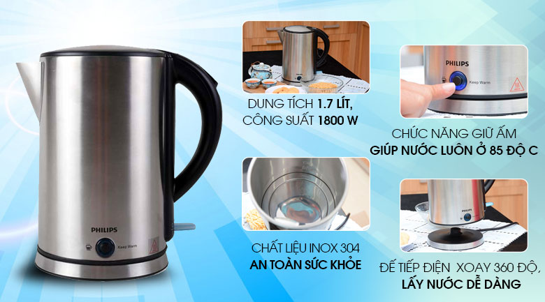 Bình đun, ấm đun nước siêu tốc giữ ấm Philips HD9316 - bảo hành 24 tháng