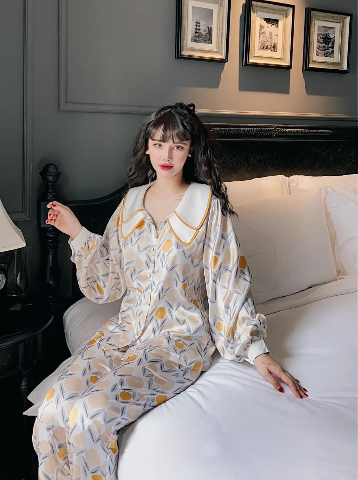 【LỤA】SET Đồ Ngủ Pijama Lụa Cao Cấp Hoa Vàng, Quần dài (Dài Tay), Size S,M,L (40-64kg)